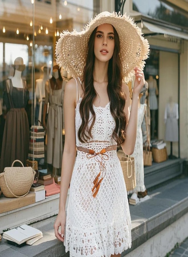 CALFOVERA Bohemian Tassel Waistband 66.54 x 1.12 Inch PU Leather Vintage Hollow Braided Belt Boho Knotted Waist Belt with Wax Rope Western Ethnic Macrame Waisbands for Women Dress Skirt (Saddle Brown) - Image 5